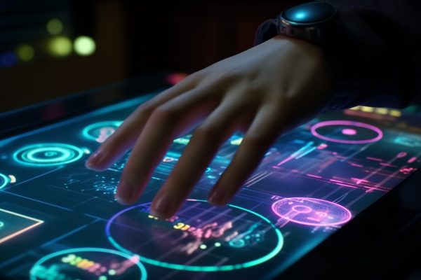 Glowing finger controls modern nightlife technology table generated by artificial intelligence